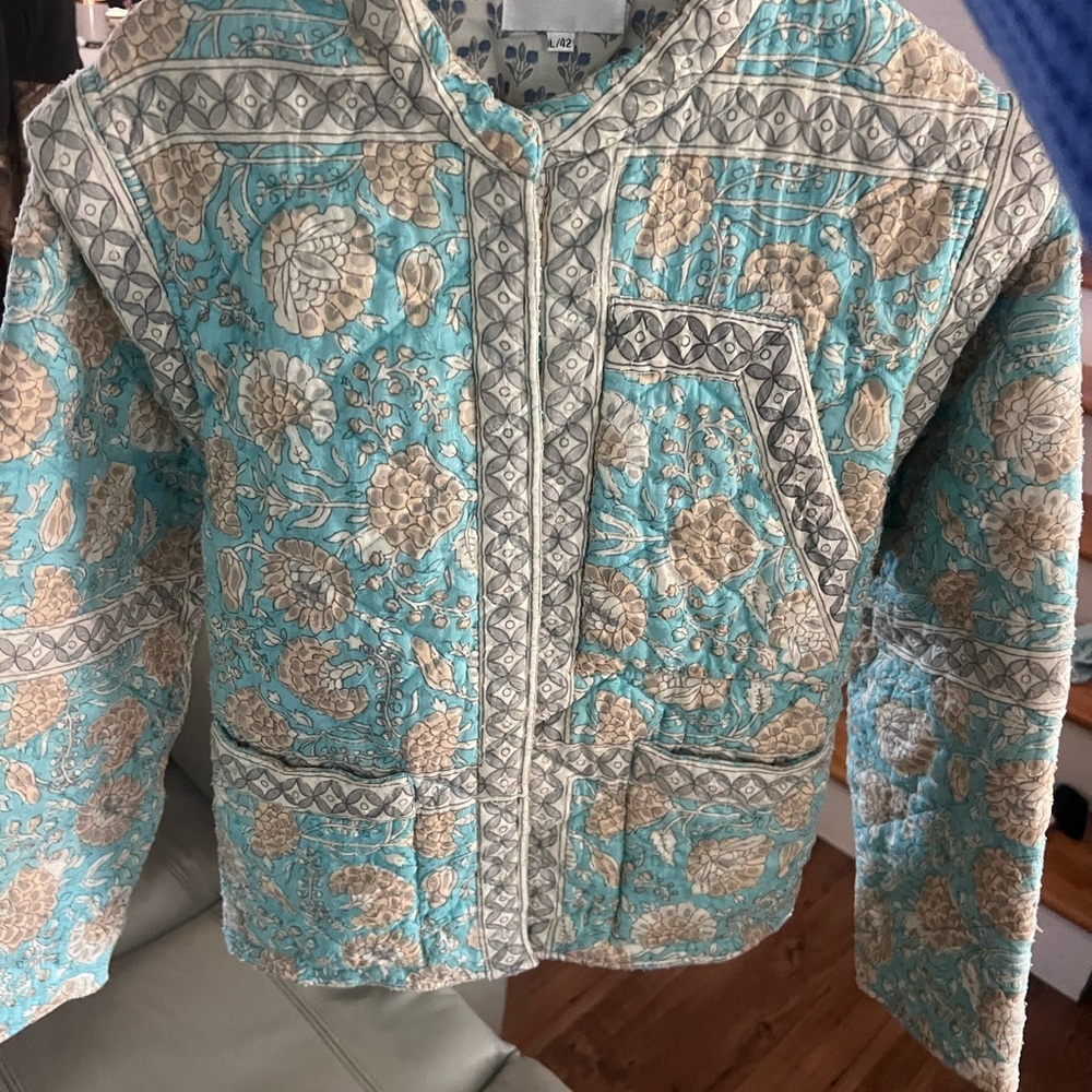 Antik Batik Floral Puffer Jacket in Blue and Cream